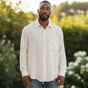 I.O.U Silk Men's Cream Long Sleeve Collared Casual Button Down Shirt Size XL